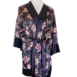 Vintage Victorias Secret Navy Floral Satin Kimono Robe One Size‎